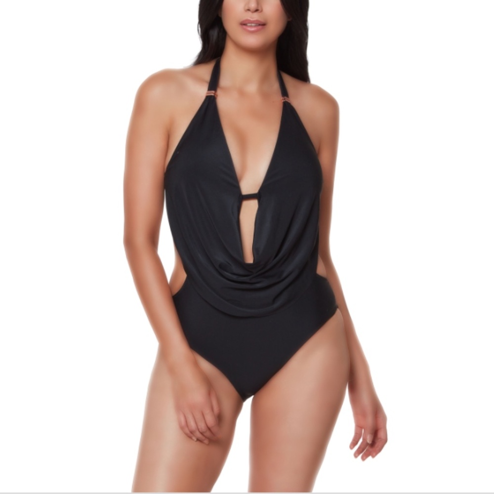 NWT Bar III Solid Cowlneck One-Piece Women S Swimsuit Black Medium